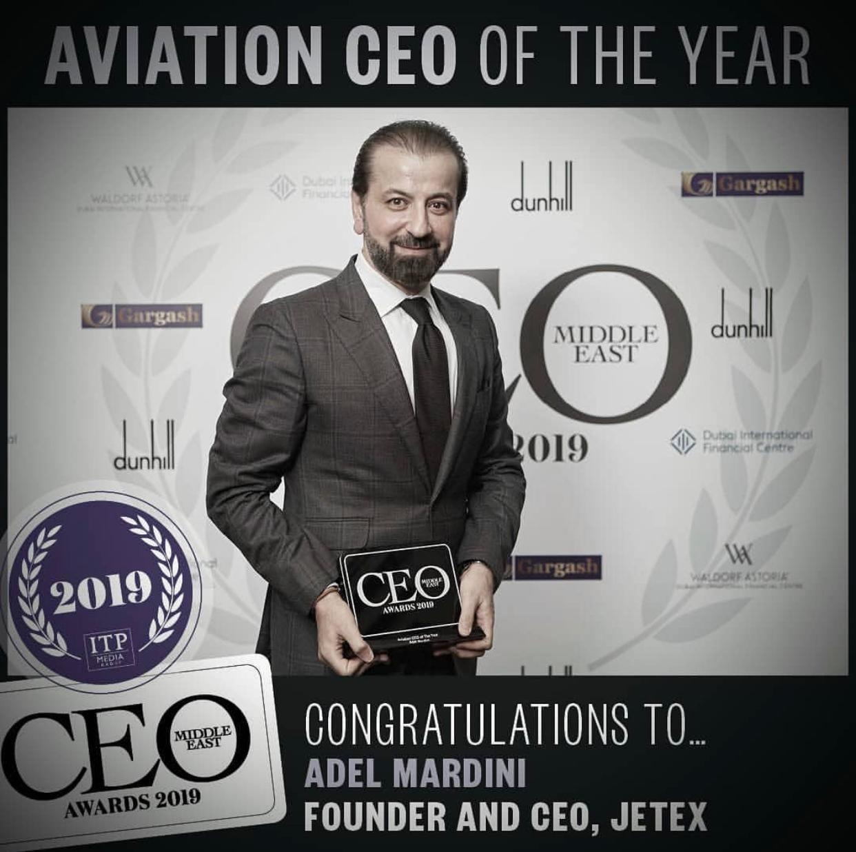 Adel Mardini with the Aviation CEO of the Year award at the CEO Middle East Awards, 2019