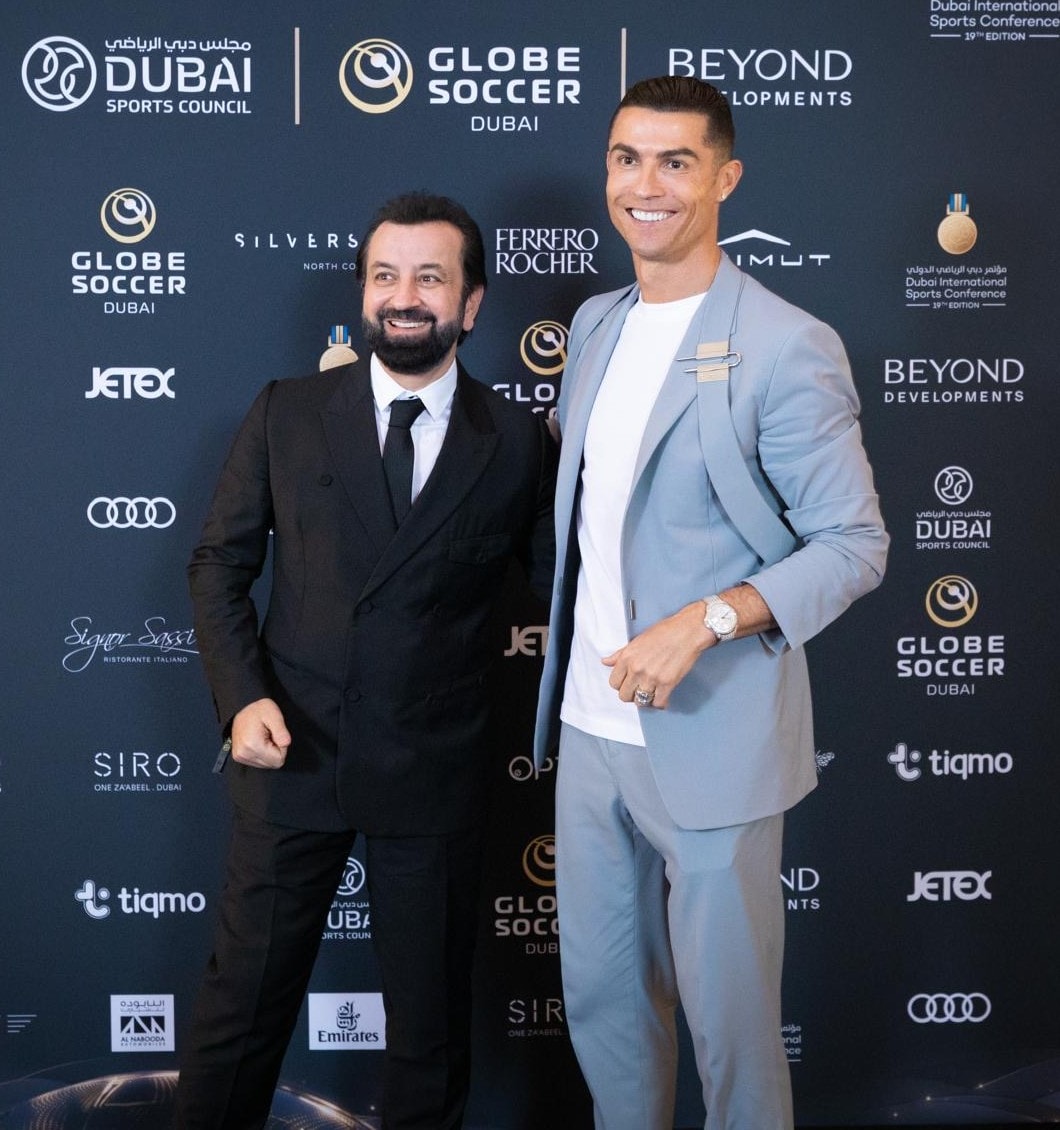 Adel Mardini with Cristiano Ronaldo at the Dubai Globe Soccer Awards, 2024
